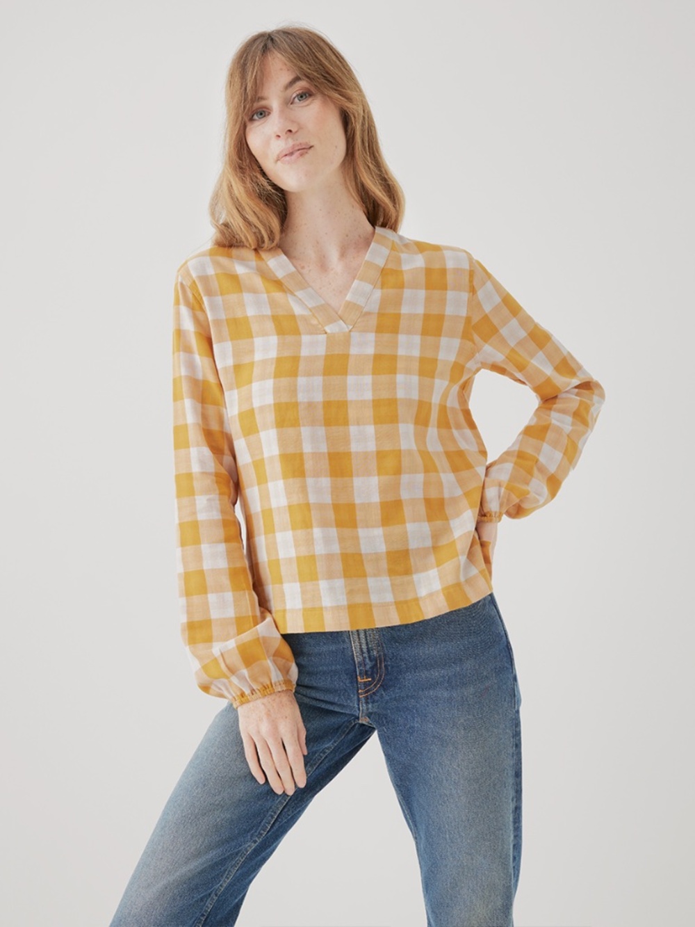 Pact Coastal Double Gauze Blouse Womens Med Organic Cotton Mustard Gingham